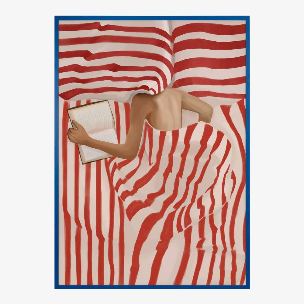Red Striped Bed Reader Art Print