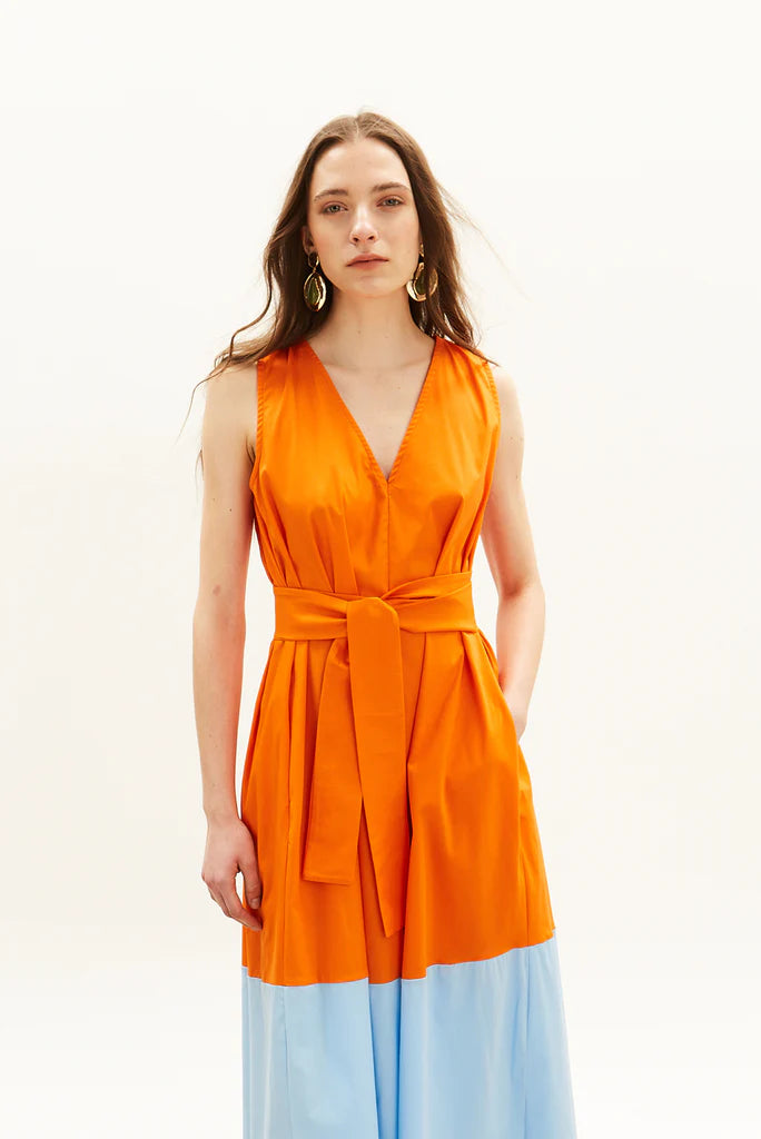 The Long V Dress - Orange & Sky Blue