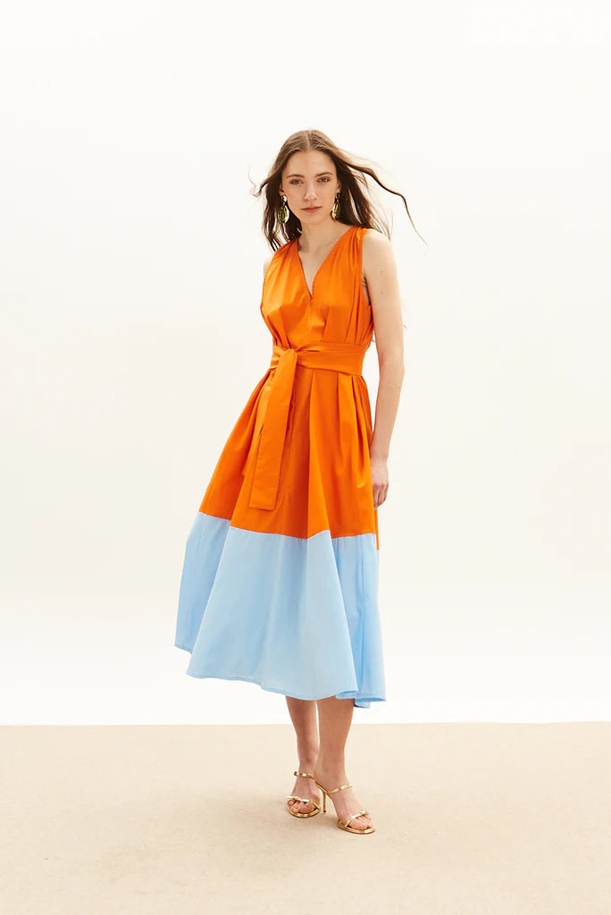 The Long V Dress - Orange & Sky Blue