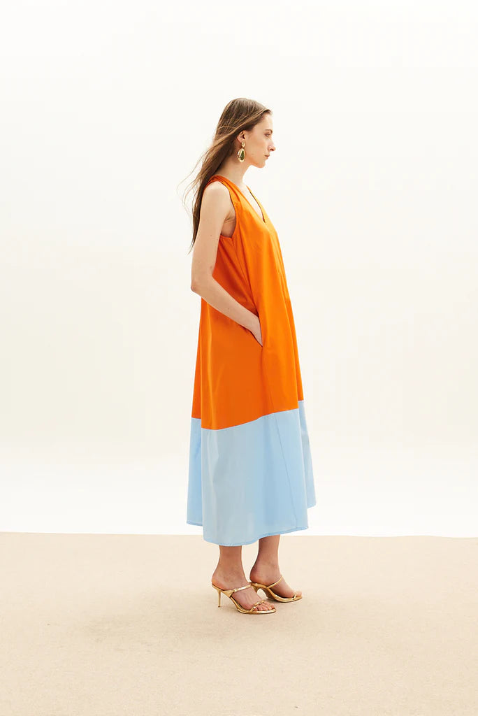 The Long V Dress - Orange & Sky Blue