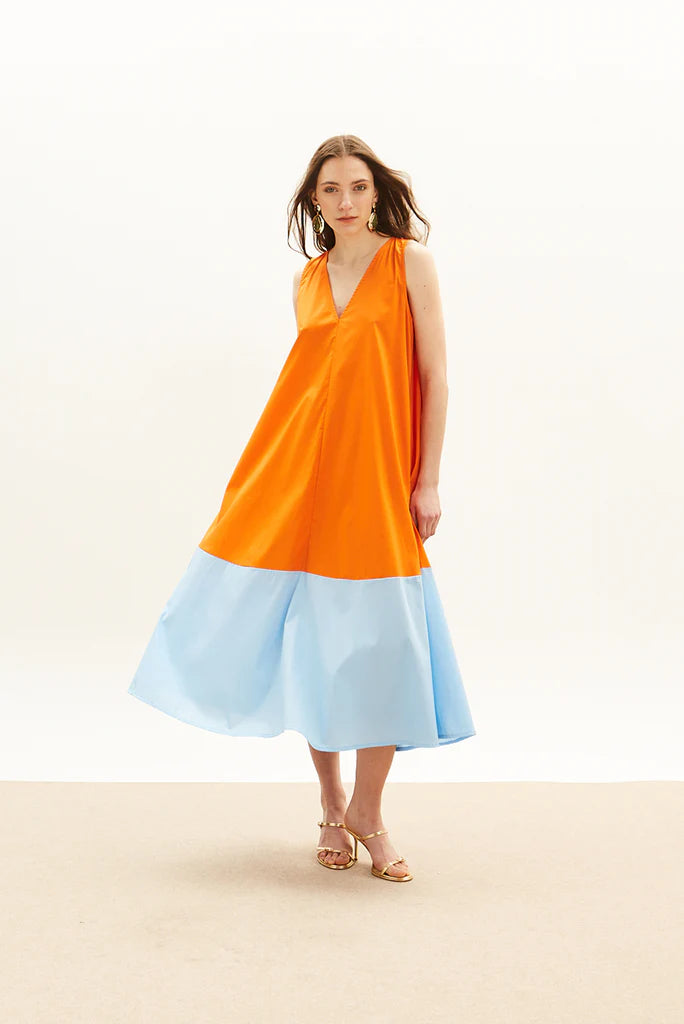 The Long V Dress - Orange & Sky Blue