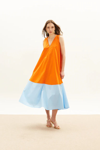 The Long V Dress - Orange & Sky Blue