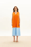 The Long V Dress - Orange & Sky Blue