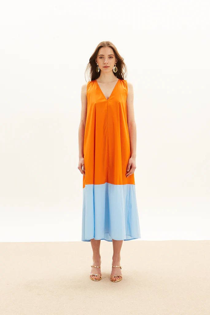 The Long V Dress - Orange & Sky Blue