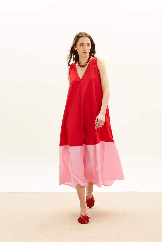 The Long V Dress - Red & Pink