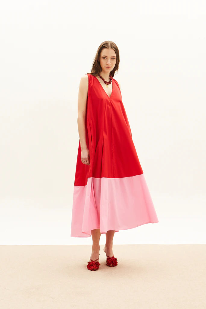 The Long V Dress - Red & Pink