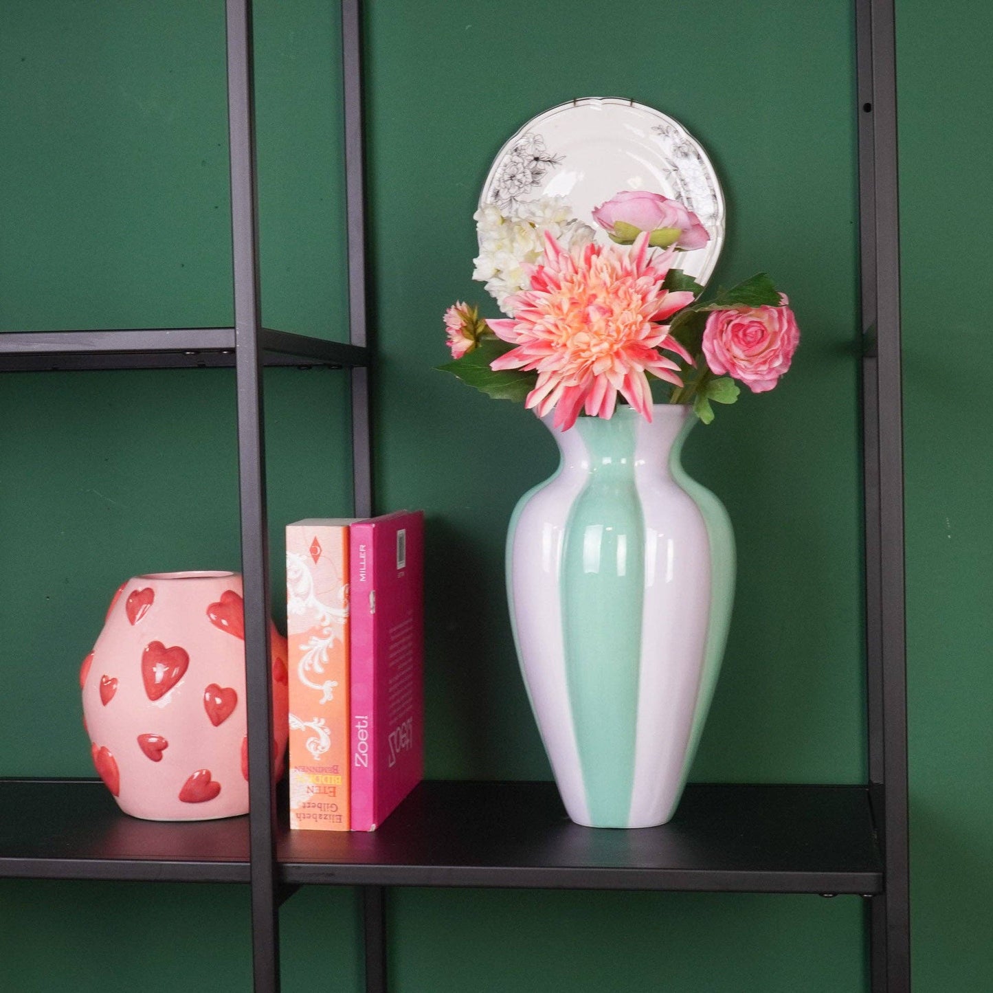 Flower Vase- Pleated Vase-Ceramic- Lilac/ Green- 16,5x16,5x29,5 cm