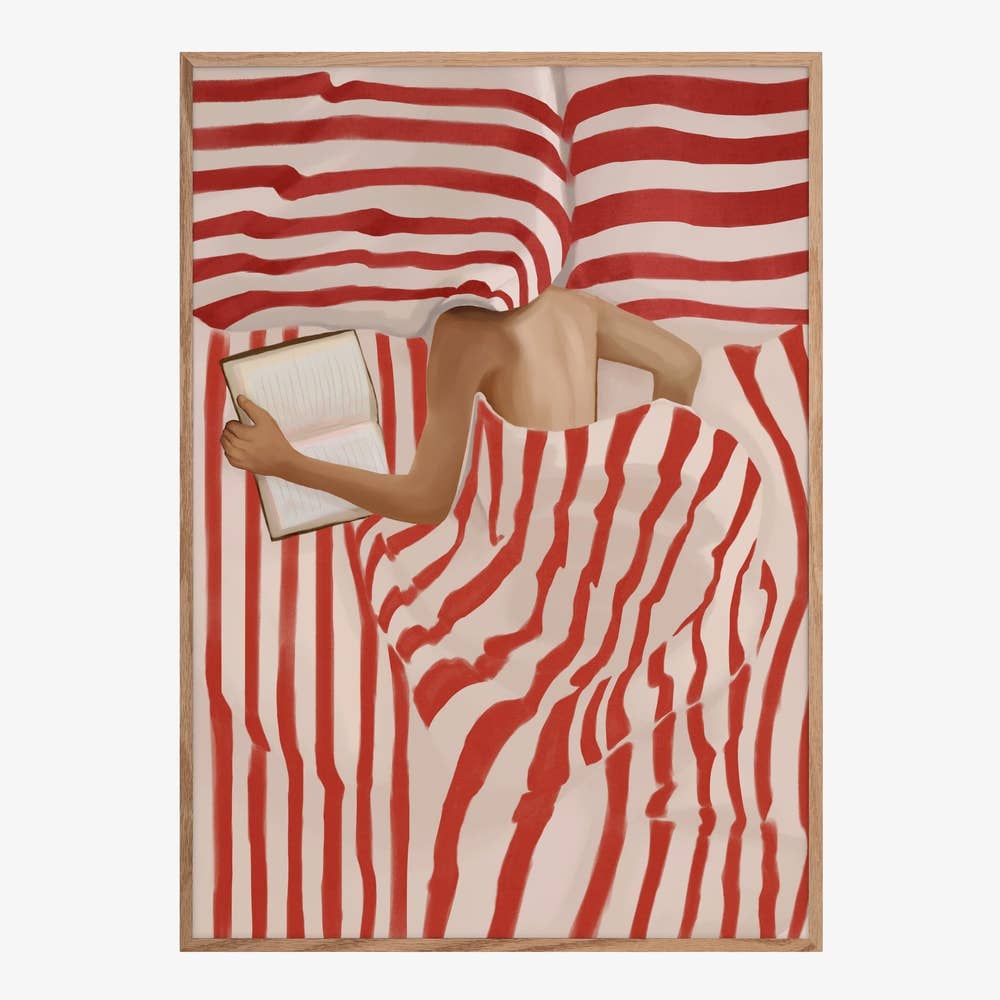 Red Striped Bed Reader Art Print