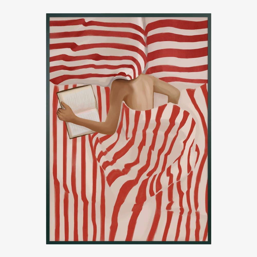 Red Striped Bed Reader Art Print