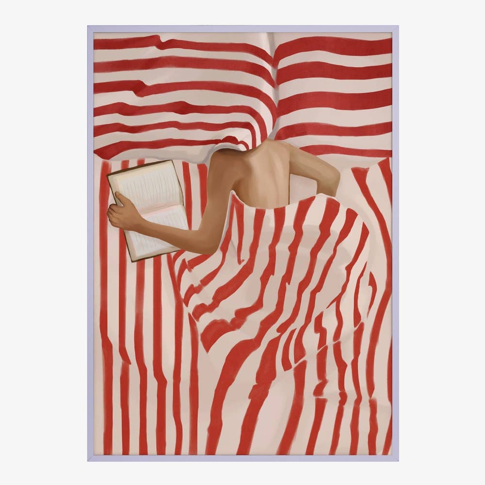 Red Striped Bed Reader Art Print