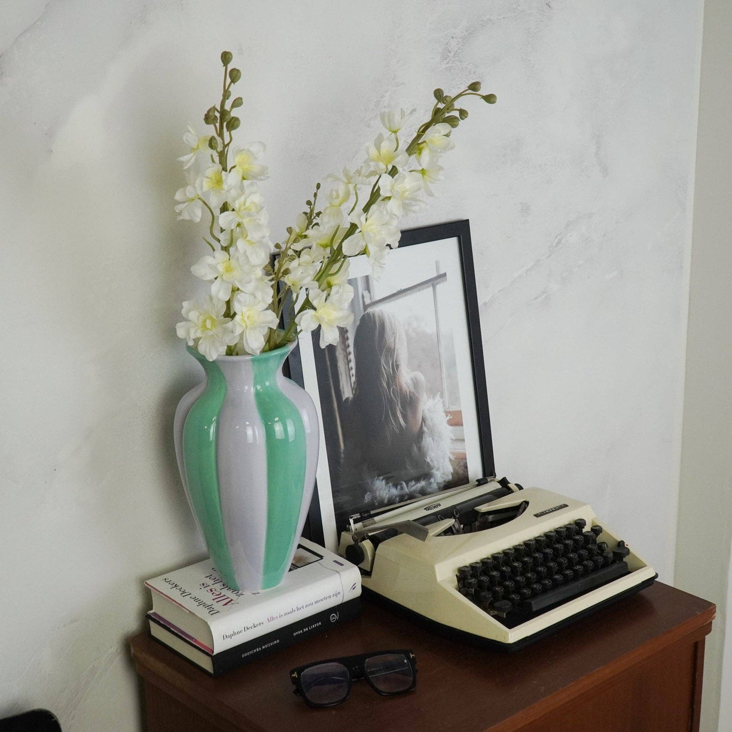 Flower Vase- Pleated Vase-Ceramic- Lilac/ Green- 16,5x16,5x29,5 cm