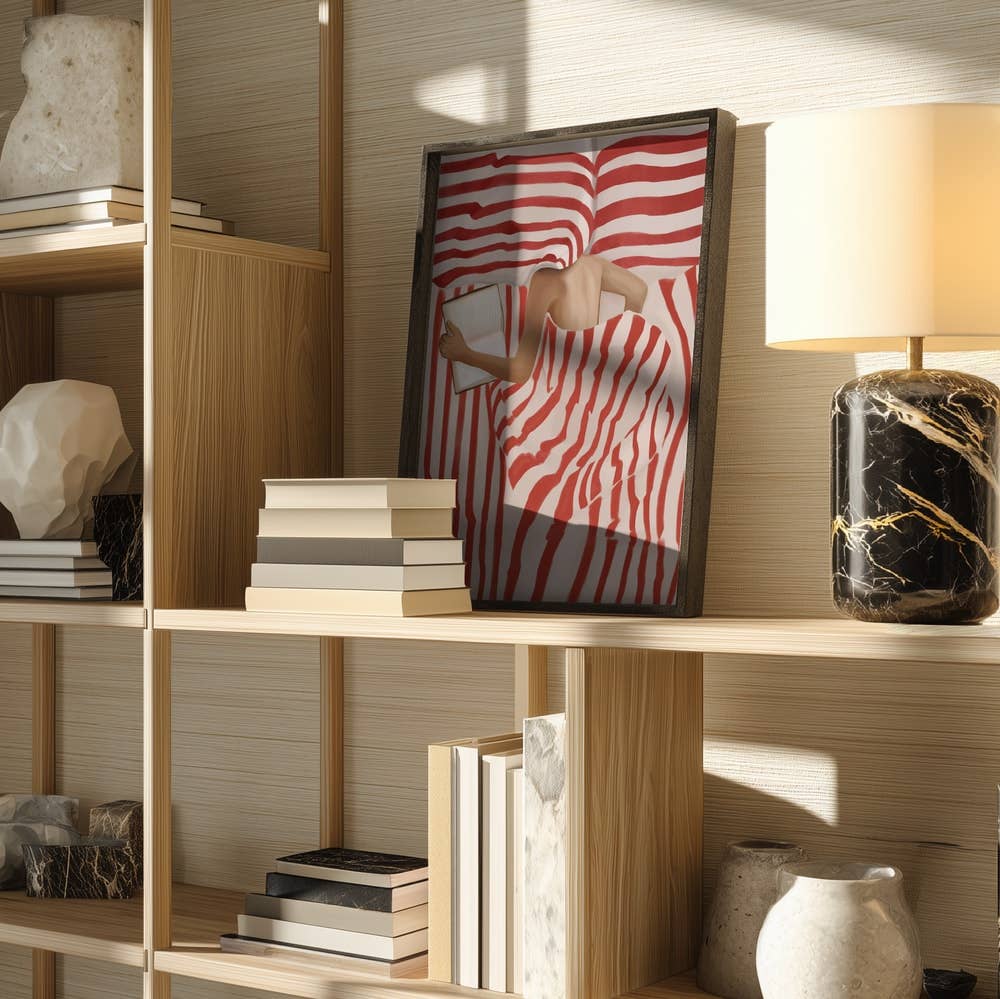 Red Striped Bed Reader Art Print