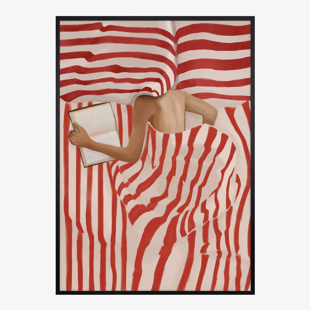 Red Striped Bed Reader Art Print