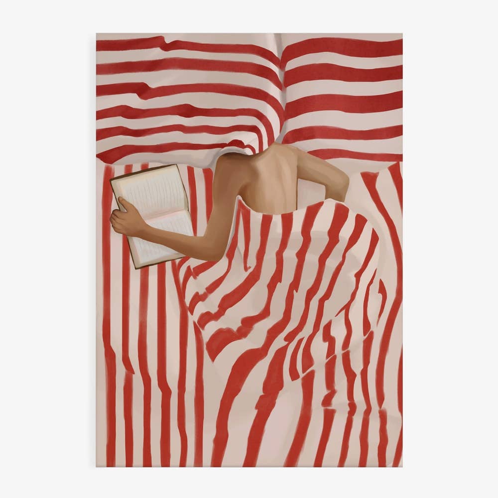 Red Striped Bed Reader Art Print
