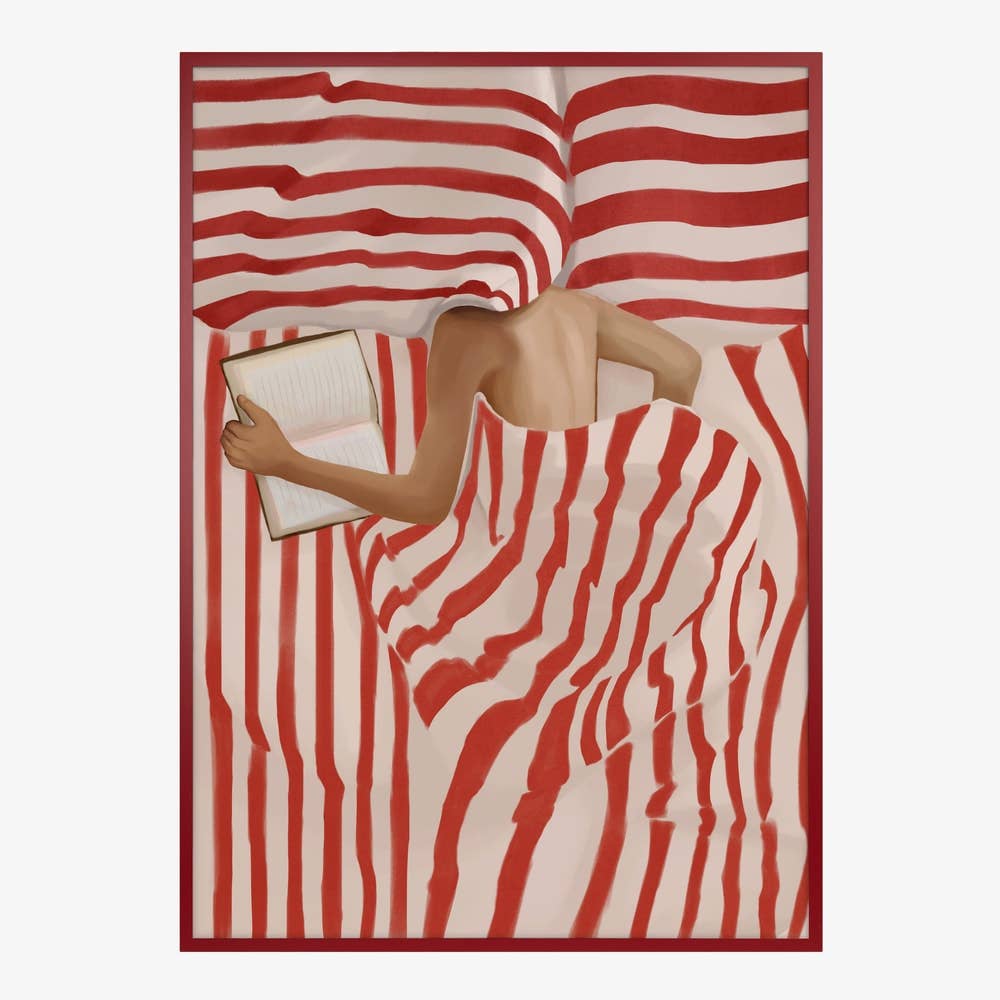 Red Striped Bed Reader Art Print