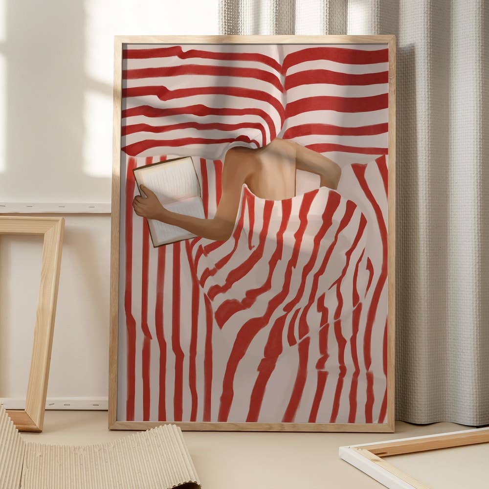 Red Striped Bed Reader Art Print
