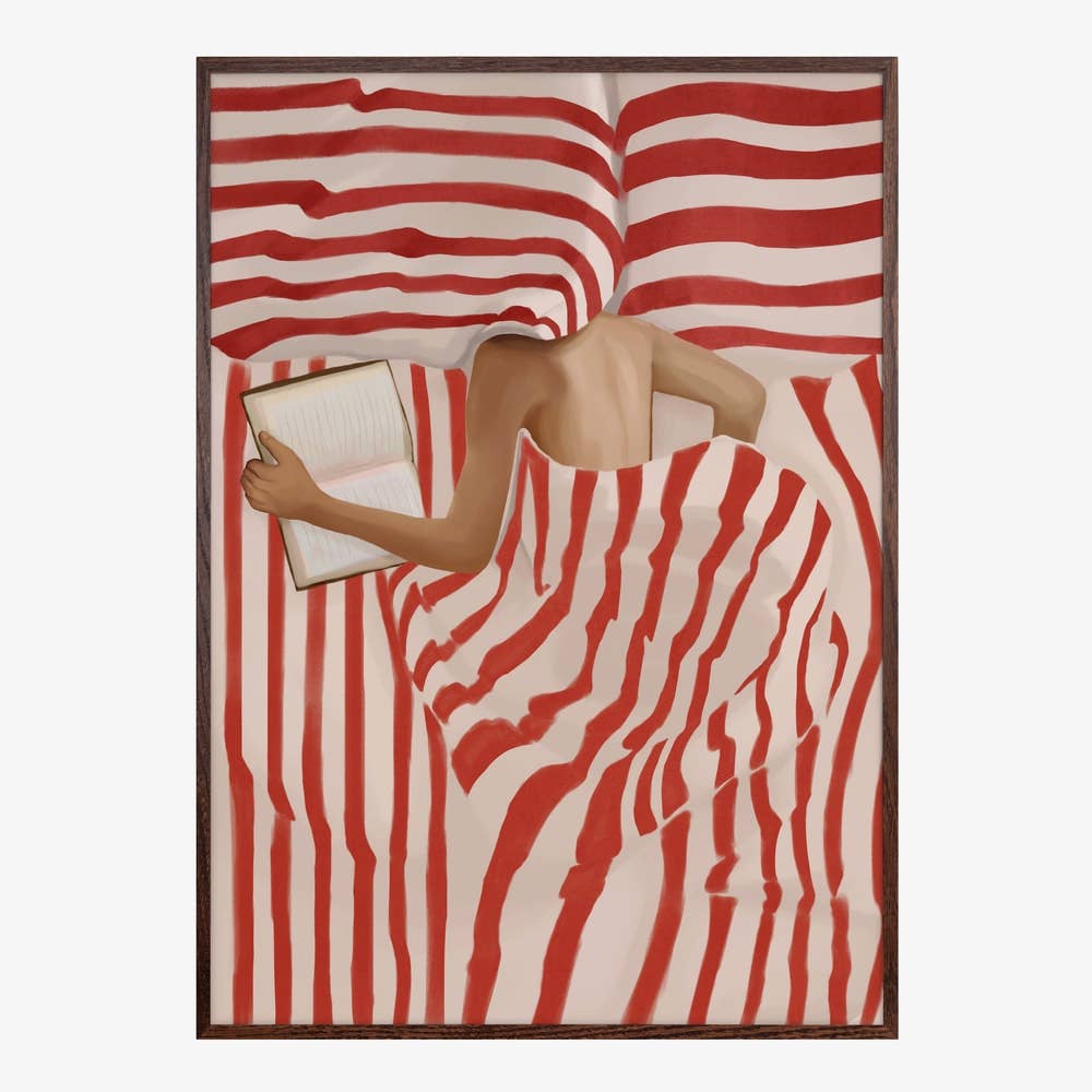 Red Striped Bed Reader Art Print
