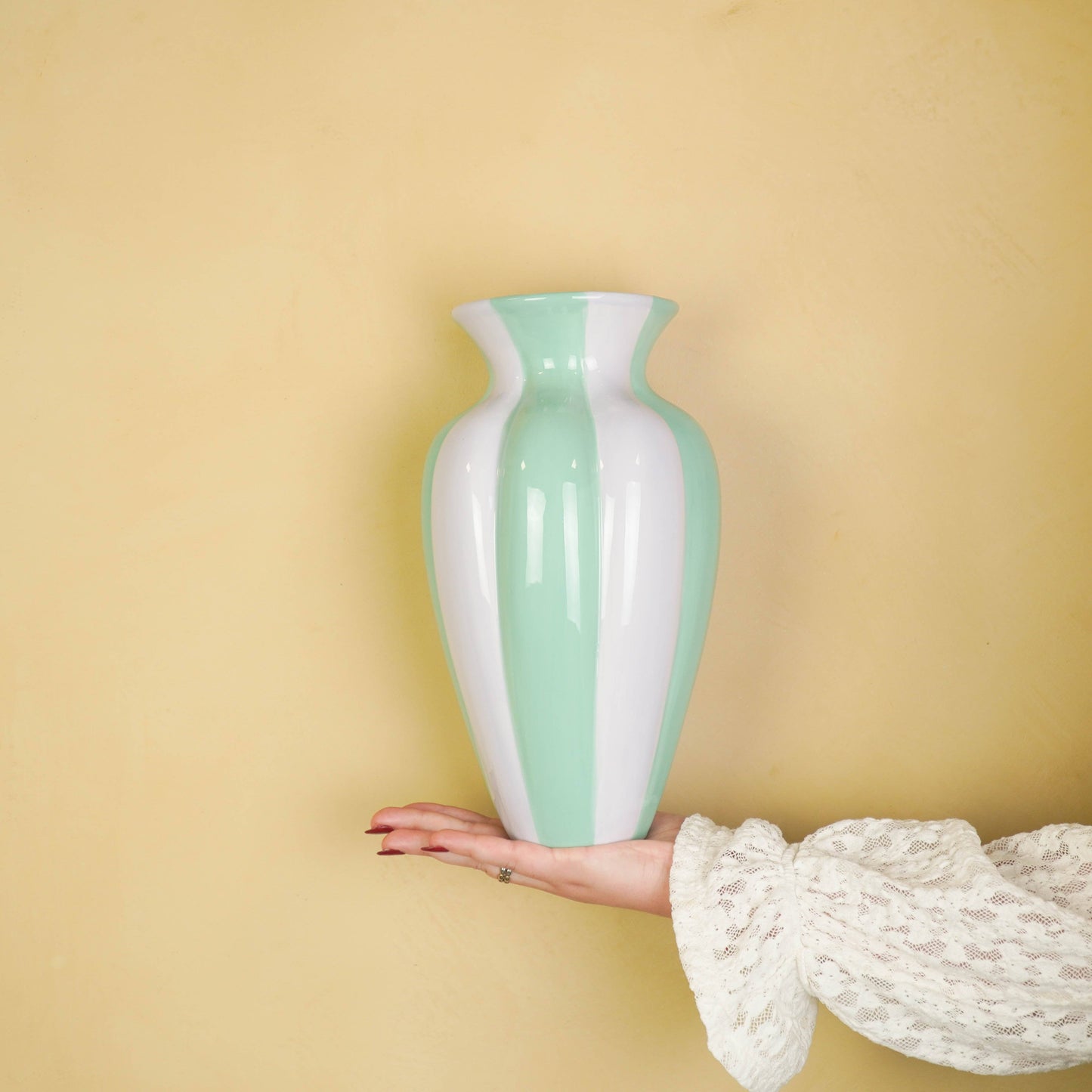 Flower Vase- Pleated Vase-Ceramic- Lilac/ Green- 16,5x16,5x29,5 cm